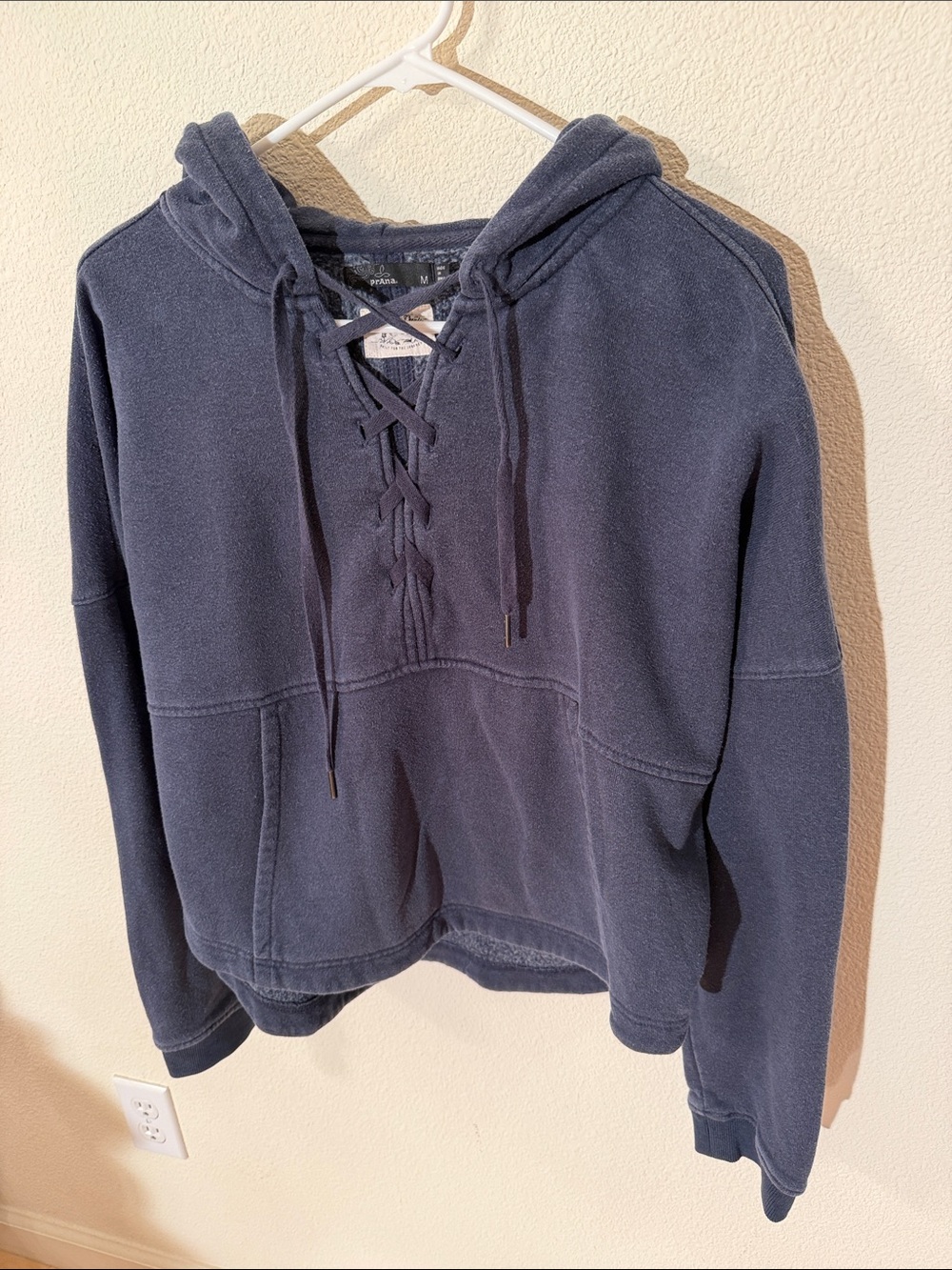 Prana Women’s Lace-Up Hooded Crew Sweatshirt in Navy